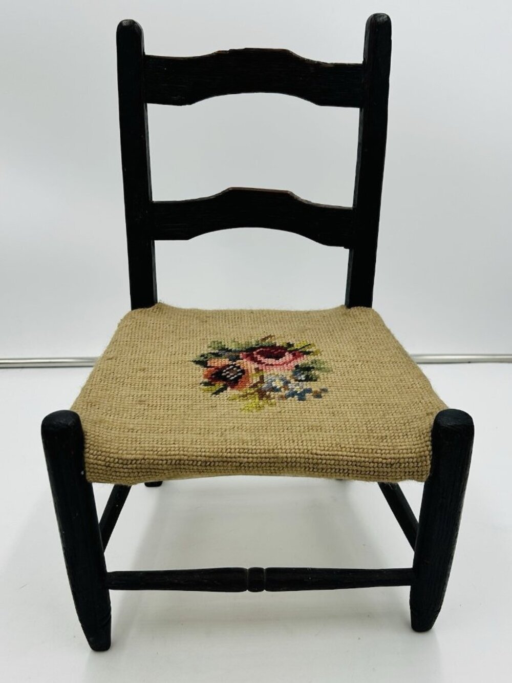 Wooden Child's Chair with Needlepoint Floral Seat 16” Tall Vintage
